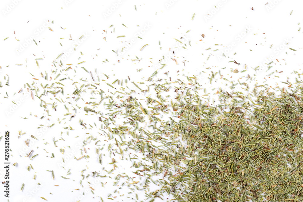Dry thyme, chopped breckland isolated on white background, top view Dry thyme, chopped breckland isolated on white background, top view