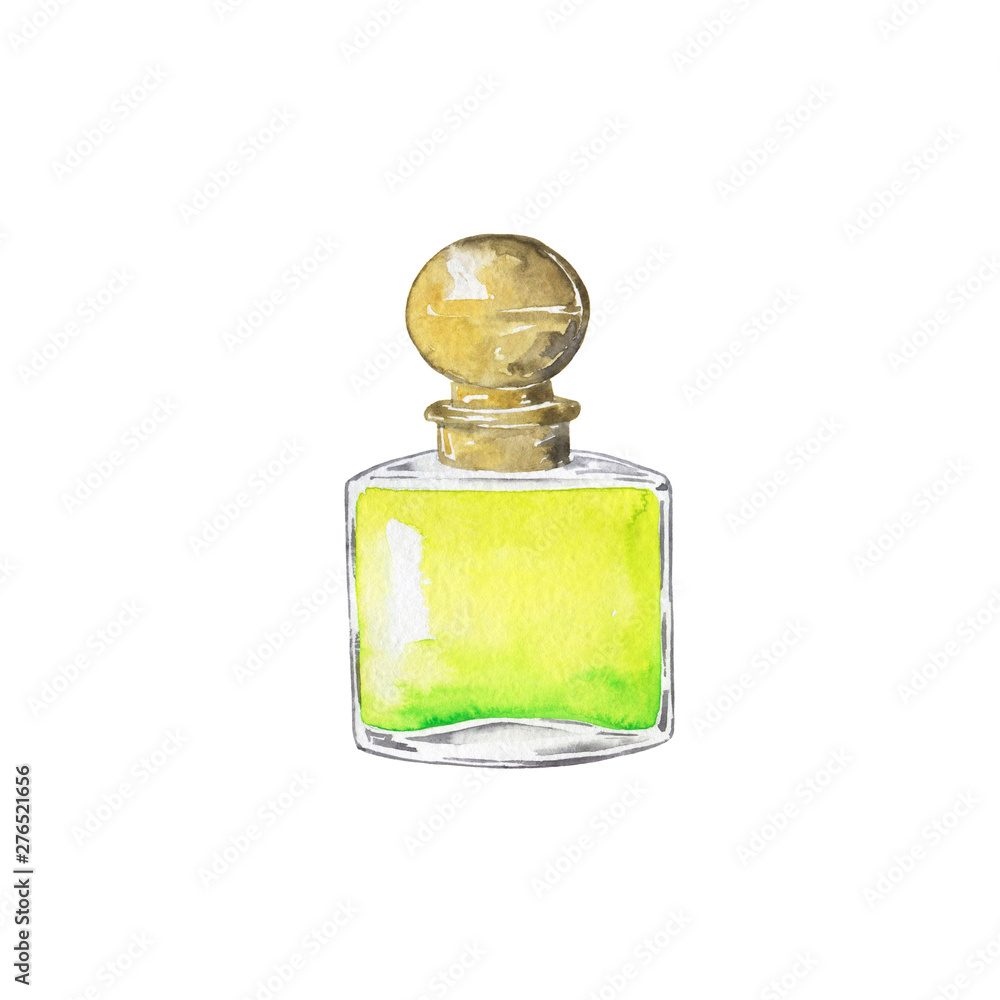 Decorative yellow and green bottle with perfume or cosmetics isolated on white background. Hand drawn watercolor illustration. Decorative yellow and green bottle with perfume or cosmetics isolated on white background. Hand drawn watercolor illustration.
