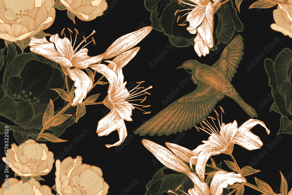 custom made wallpaper toronto digitalBird on a black floral background of lilies and roses. Seamless pattern, vector illustration.