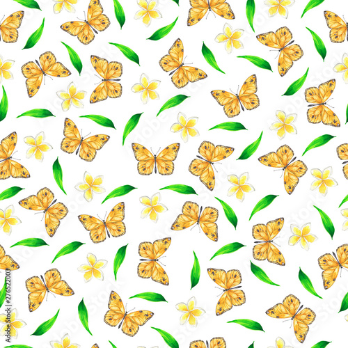 Seamless pattern with yellow butterflies, leaves and plumeria flowers on white background. Hand drawn watercolor illustration. © angry_red_cat