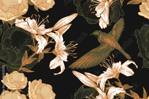 Wallpaper Mural Bird on a black floral background of lilies and roses. Seamless pattern, vector illustration. Torontodigital.ca