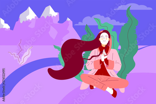 Flat style girl with long hair sitting crossed legged with prayer gesture
