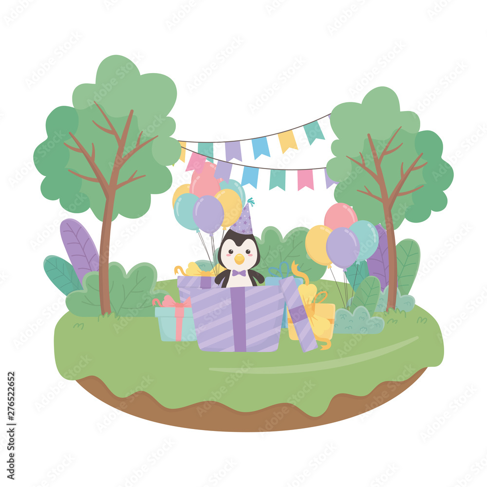 Fototapeta premium Penguin cartoon with happy birthday icon design