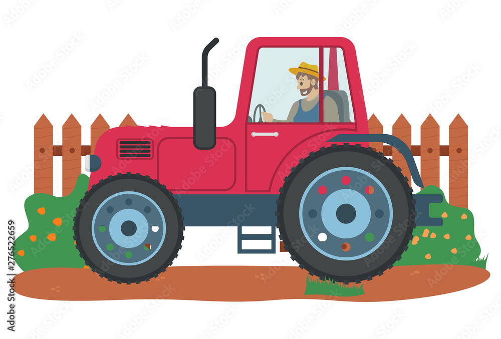 Fototapeta premium Person riding tractor vector, farmer busy with agricultural work flat style farming man in machinery for husbandry. Fence with bushes and flowers