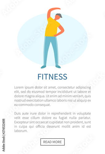 Fitness website vector, man wearing sportswear doing stretching warming up. Healthy lifestyle of person, male losing weight keep fit, aerobic exercises