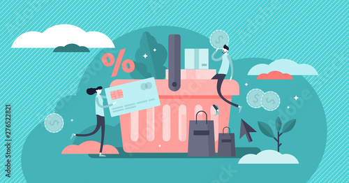 Purchase vector illustration. Tiny customer buy products persons concept.