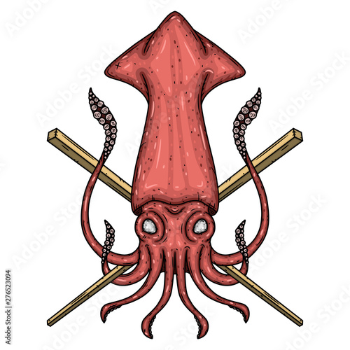 Squid with chopsticks Isolated on white background.