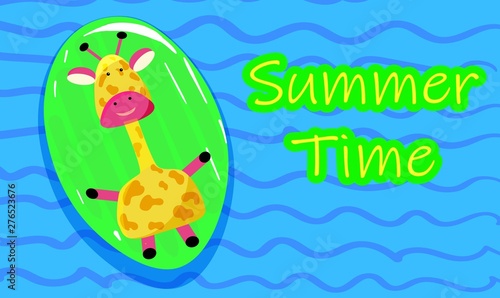 Cute giraffe on an inflatable mattress in the pool. Hello summer party poster. Summer time.