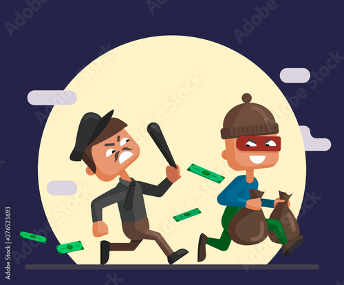Vector cartoon illustration of a police officer and thief