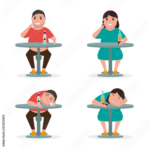 Set woman and man drink at table and get drunk