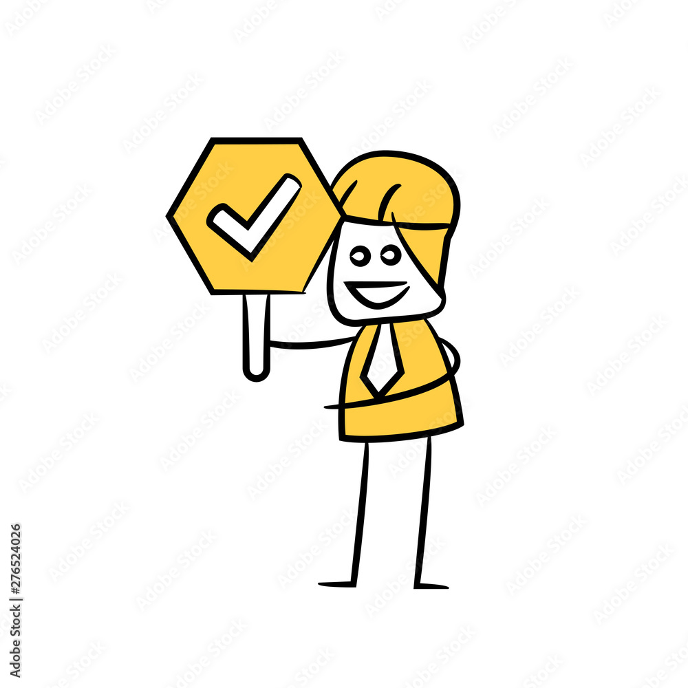 Fototapeta premium engineer holding check mark signage icon stick figure yellow theme