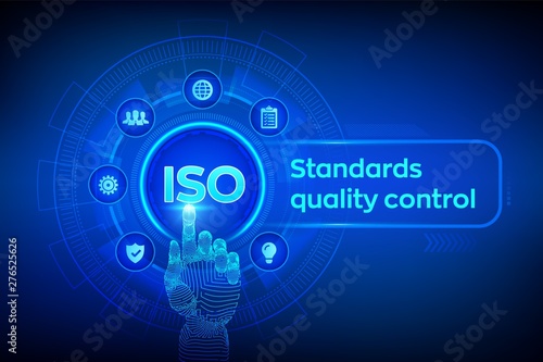 ISO standards quality control assurance warranty business technology concept. ISO standardization certification industry service concept. Robotic hand touching digital interface. Vector illustration.