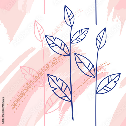 Abstract seamless pattern with hand drawn brush strokes and leaves