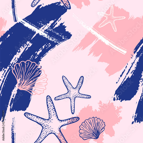 Abstract seamless pattern with hand drawn brush strokes and seashells