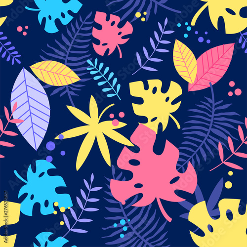 Vector seamless pattern with colorful tropical leaves