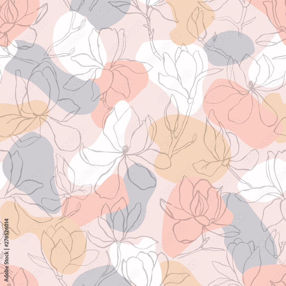 Magnolia.Floral vector background in line style. Seamless pattern. Branches with flowers of magnolia. Modern trendy graphic design template for poster, card, banner, cover, textile, fabric, wrapping. Magnolia.Floral vector background in line style. Seamless pattern. Branches with flowers of magnolia. Modern trendy graphic design template for poster, card, banner, cover, textile, fabric, wrapping.