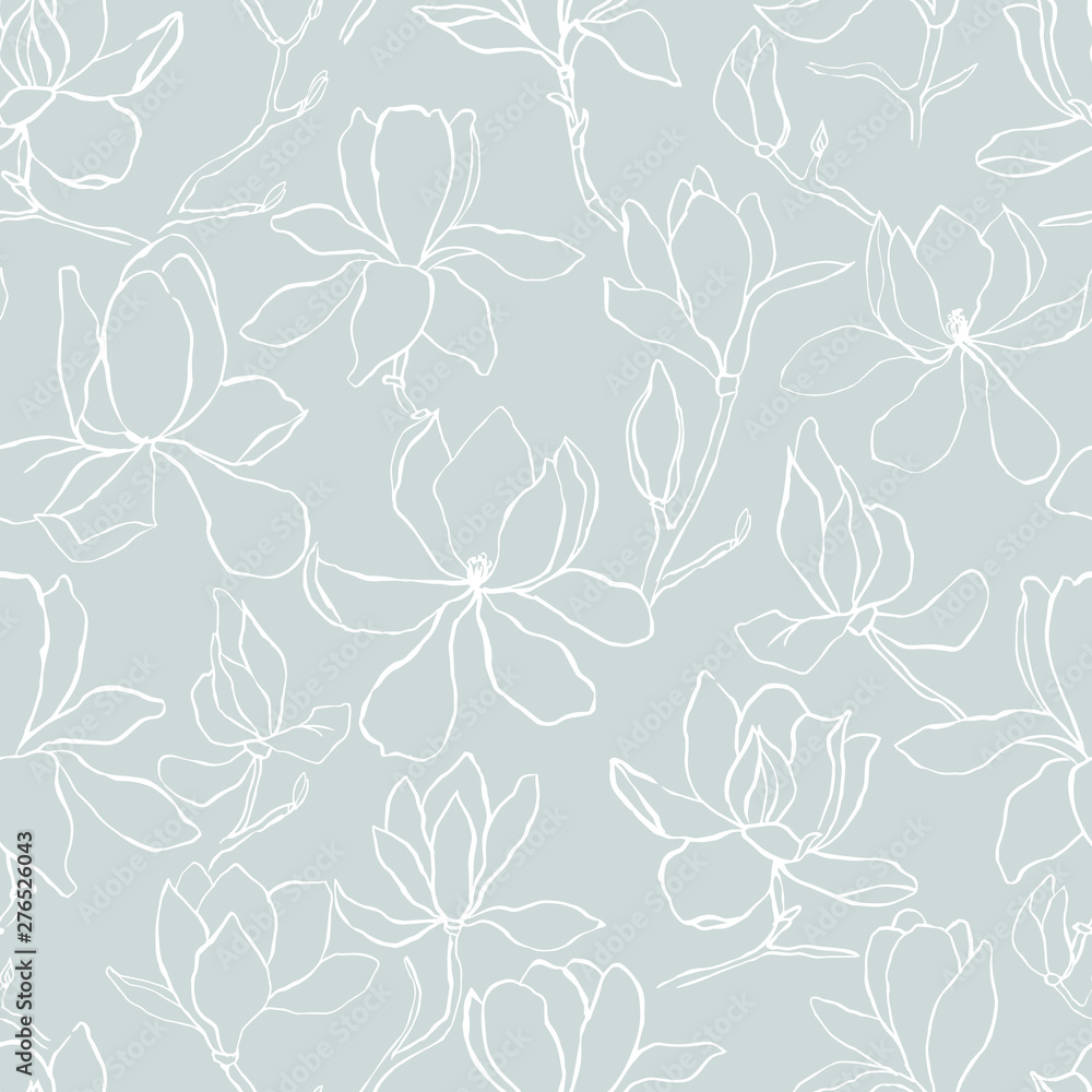 Magnolia.Floral vector background in line style. Seamless pattern. Branches with flowers of magnolia. Modern trendy graphic design template for poster, card, banner, cover, textile, fabric, wrapping. Magnolia.Floral vector background in line style. Seamless pattern. Branches with flowers of magnolia. Modern trendy graphic design template for poster, card, banner, cover, textile, fabric, wrapping.