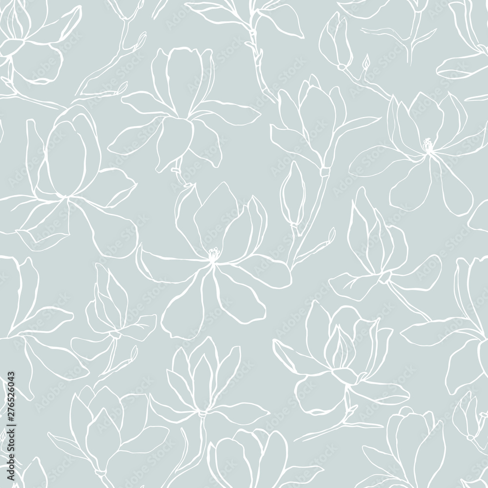 Magnolia.Floral vector background in line style. Seamless pattern. Branches with flowers of magnolia. Modern trendy graphic design template for poster, card, banner, cover, textile, fabric, wrapping. 