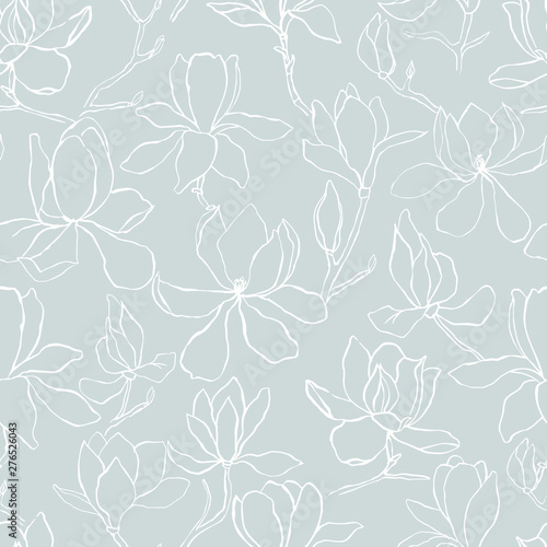 Fototapeta Naklejka Na Ścianę i Meble -  Magnolia.Floral vector background in line style. Seamless pattern. Branches with flowers of magnolia. Modern trendy graphic design template for poster, card, banner, cover, textile, fabric, wrapping. 