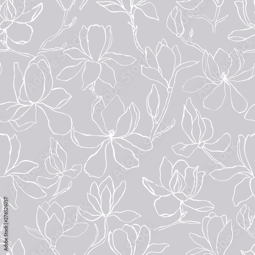 Magnolia.Floral vector background in line style. Seamless pattern. Branches with flowers of magnolia. Modern trendy graphic design template for poster, card, banner, cover, textile, fabric, wrapping.  © Anna