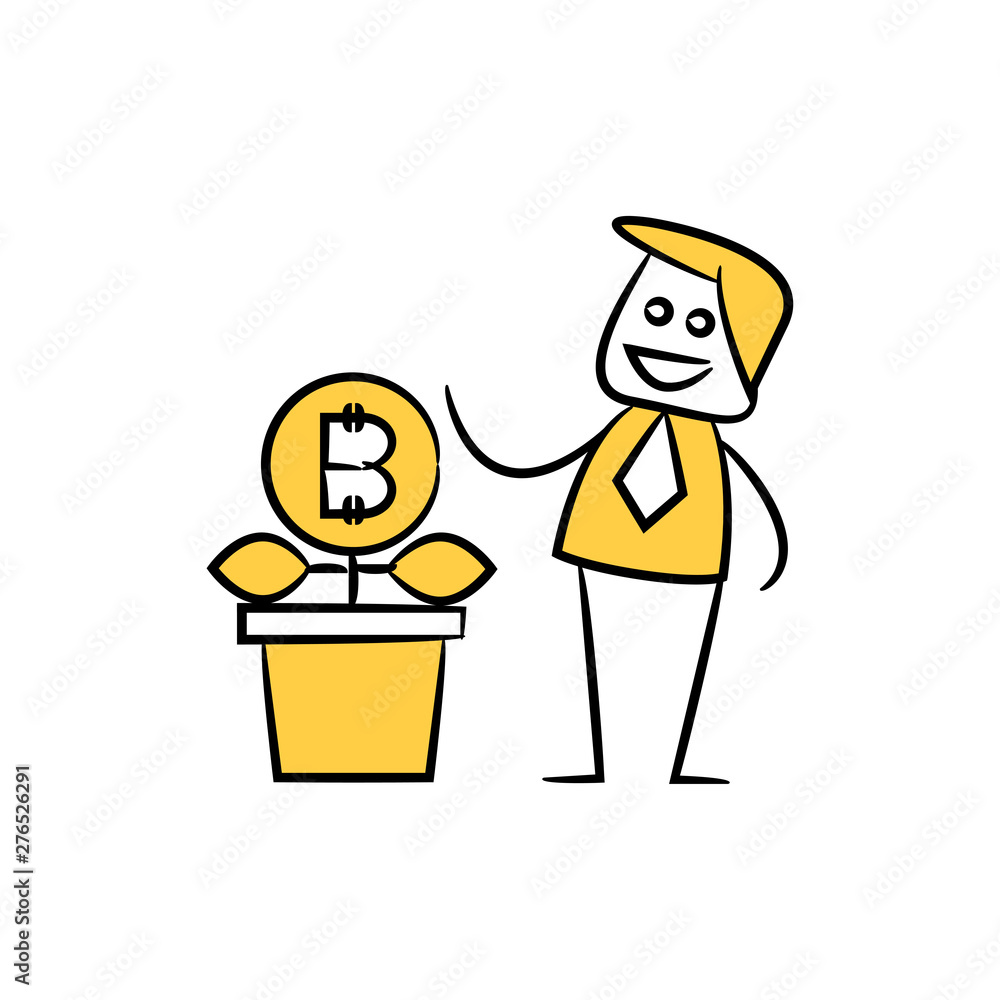 businessman and bitcoin plant yellow stick figure