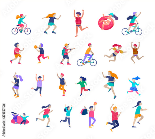 Illustration of children playing and doing activities, happy kids with gadgets, running, jumping and with bags and gift, ride a bike, swim, play ball