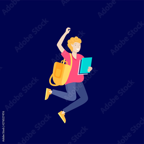 Happy school child joyfully jumping and laughing on background. Concept of happiness, gladness and fun. Vector illustration for banner, poster, website, invitation.