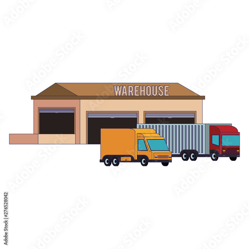 Warehouse storage building with cargo trucks blue lines