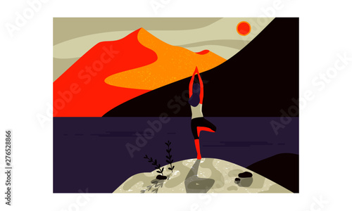 Outdoor yoga vector illustration. Female character making yoga tree pose on the lake shore. Sunset mountains landscape. Flat design.
