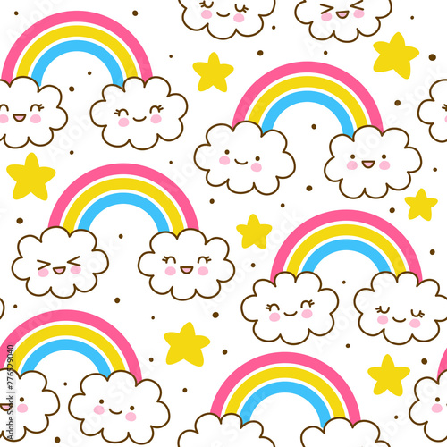 Seamless pattern with cute cartoon clouds with rainbows and stars