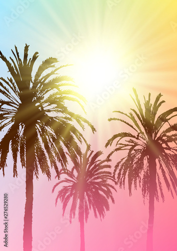 Summer tropical background with palm trees silhouettes on sunny sky