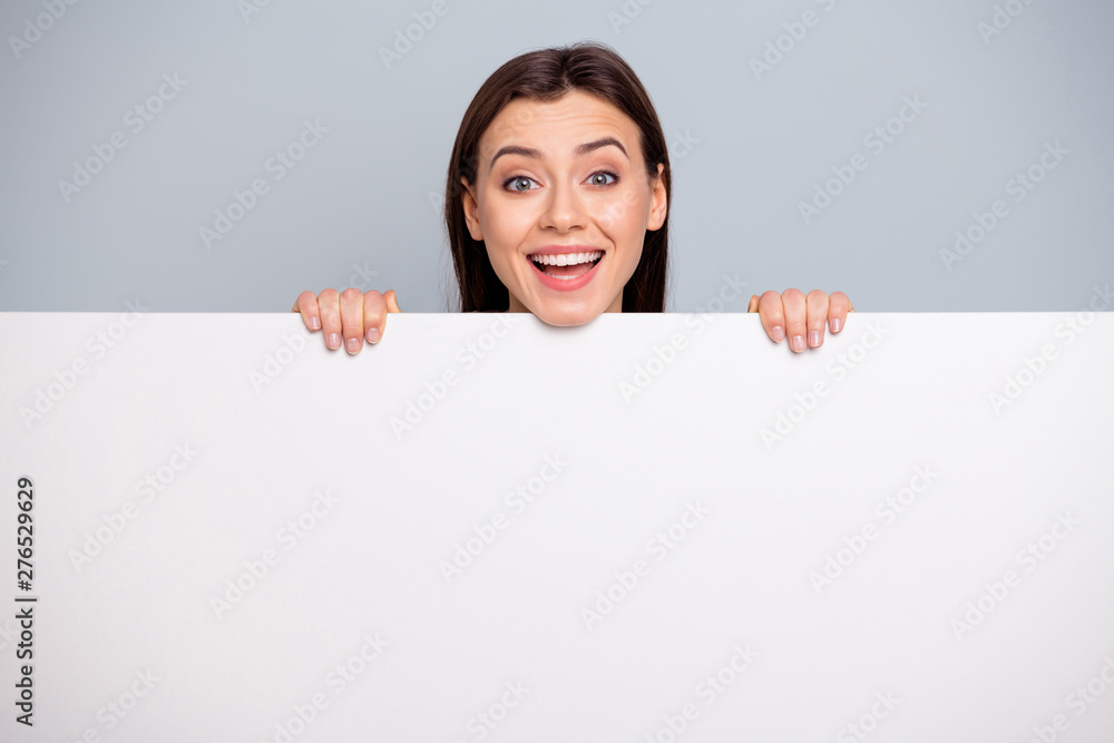 Portrait of cute sweet teen teenager promoter have advertisements hold hands laugh laughter have free time isolated grey background argent Portrait of cute sweet teen teenager promoter have advertisements hold hands laugh laughter have free time isolated grey background argent