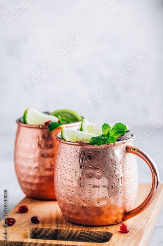 Photography Iced Cold Moscow Mule cocktail with lime and pomegranate