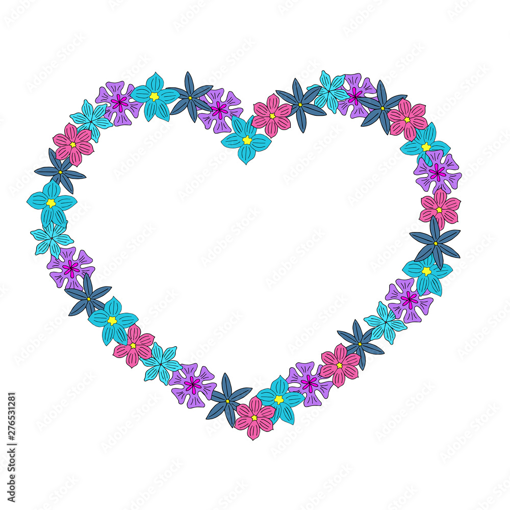 heart of blue, violet and red flowers vector illustration contour