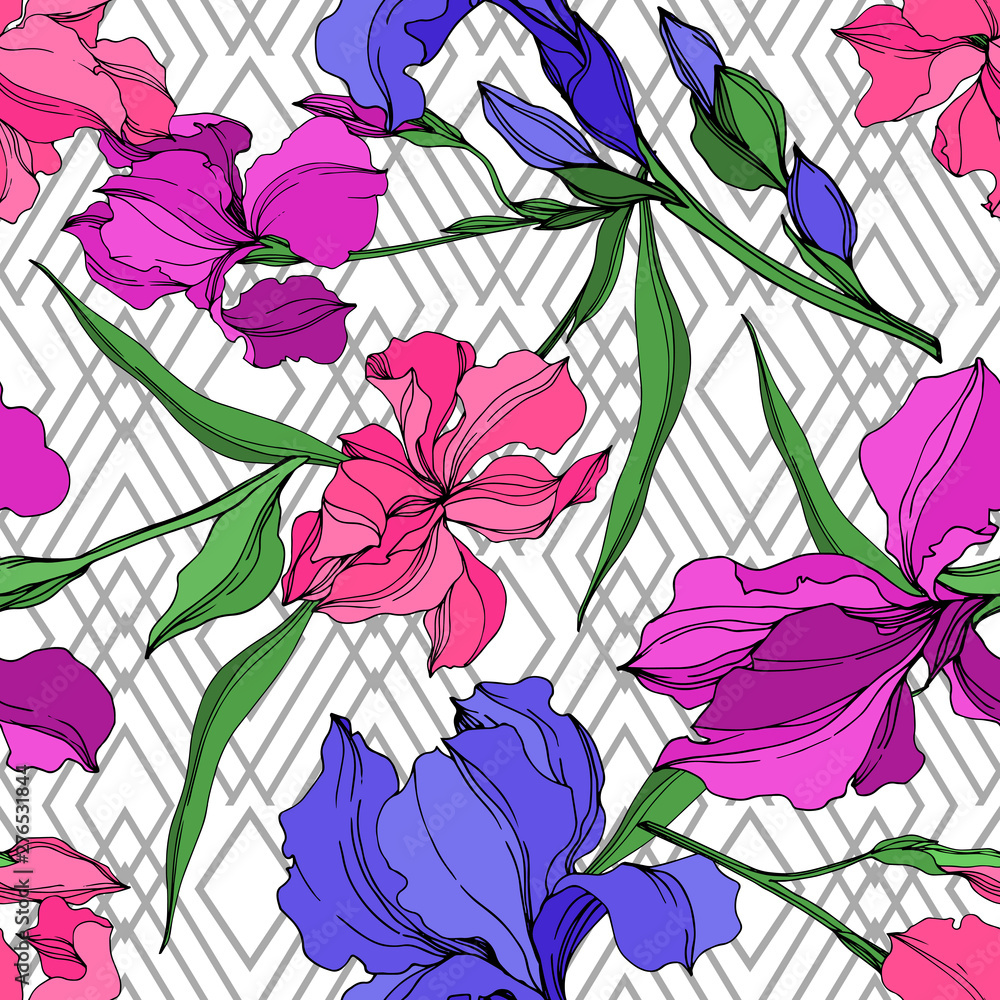 Vector Irises floral botanical flowers. Black and white engraved ink art. Seamless background pattern.