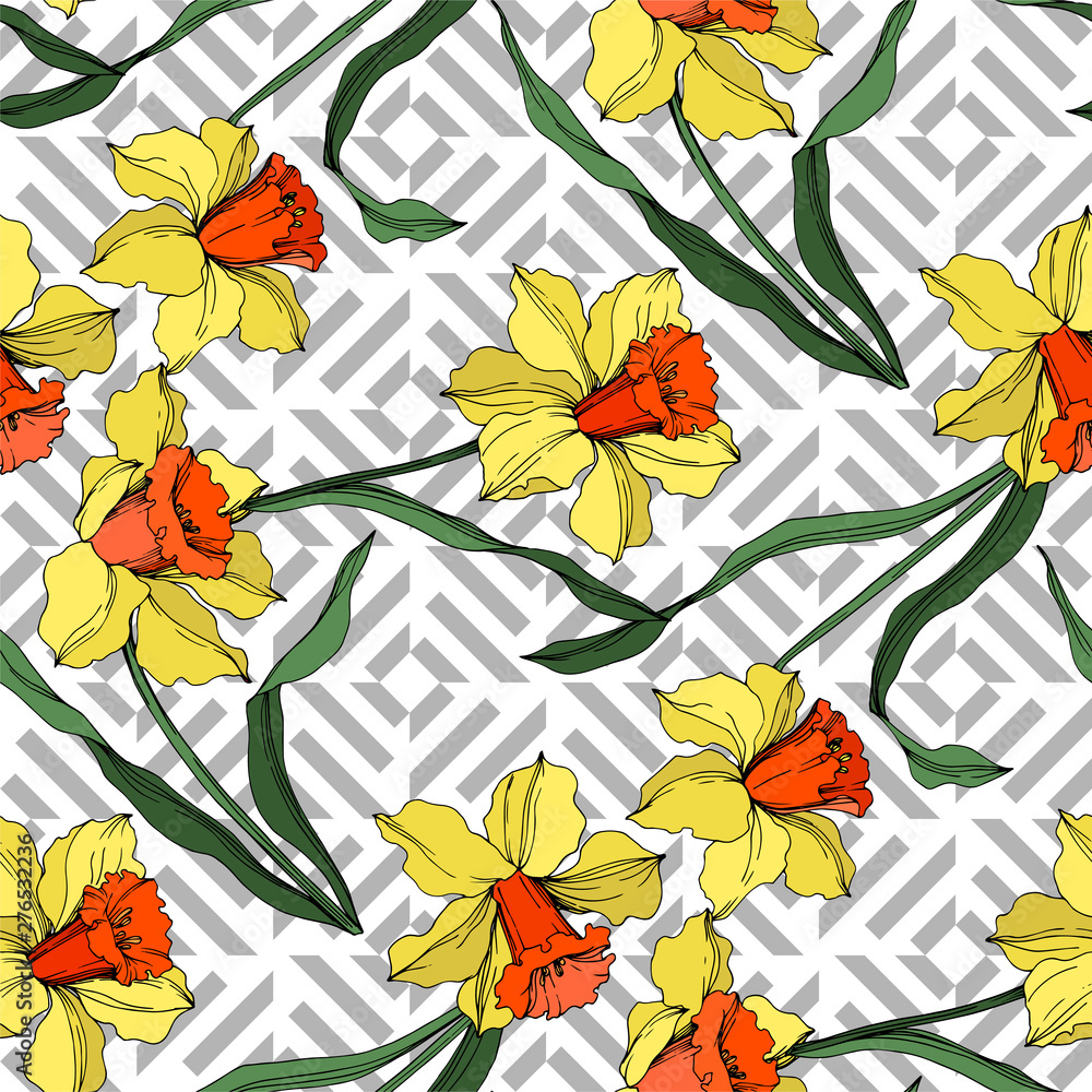 Vector Narcissus floral botanical flower. Yellow and green engraved ink art. Seamless background pattern.