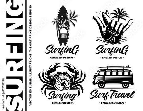Surfing emblems, illustrations, t-shirt designs vector collections on white background