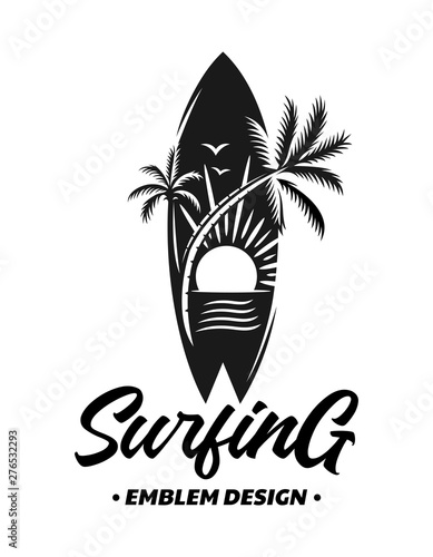 Surfing emblems, illustrations, t-shirt designs vector on white background
