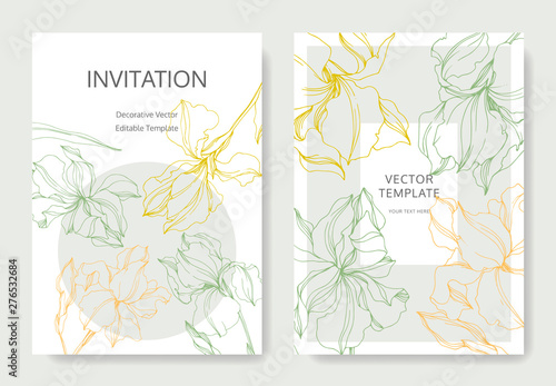 Vector Irises botanical flowers. Black and white engraved ink art. Wedding background card floral decorative border.