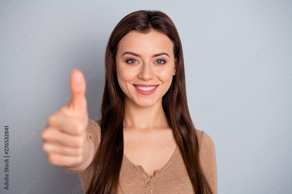 Close up photo beautiful attractive she her lady pretty appearance raised thumb up advising buy buyer well-done tested quality white teeth wear casual pastel pullover sweater isolated grey background Close up photo beautiful attractive she her lady pretty appearance raised thumb up advising buy buyer well-done tested quality white teeth wear casual pastel pullover sweater isolated grey background