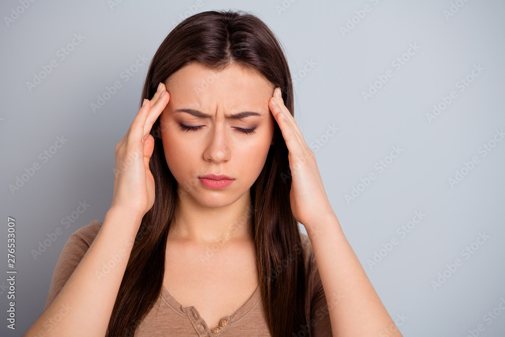 Close up photo beautiful stressed she her lady eyes closed hands arms hold touch temples suffer terrible head ache hurt clever smart person wear casual pastel pullover sweater isolated grey background Close up photo beautiful stressed she her lady eyes closed hands arms hold touch temples suffer terrible head ache hurt clever smart person wear casual pastel pullover sweater isolated grey background