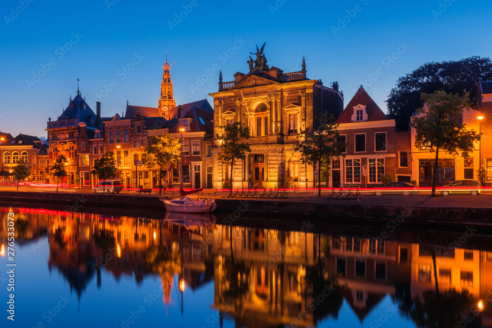 Haarlem Netherlands Skyline and Spaarne River at Dusk
