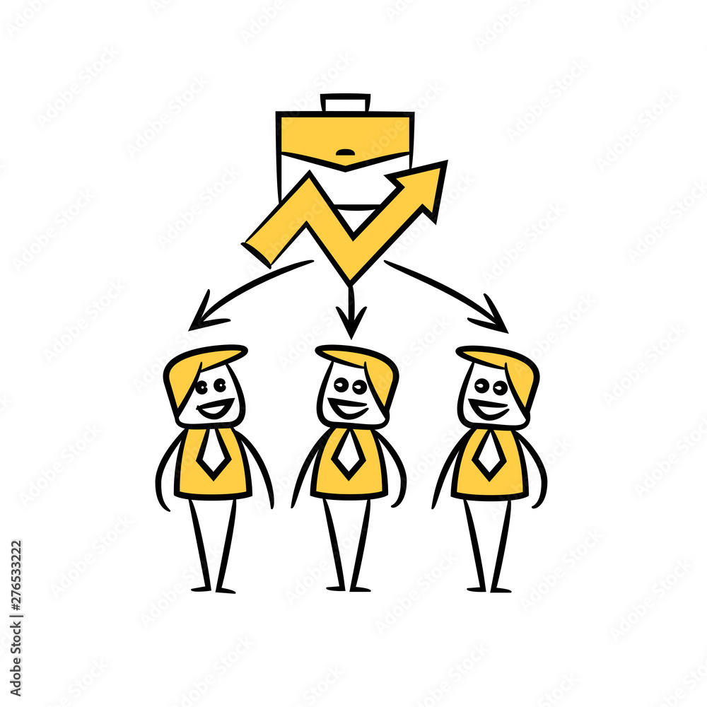 business people team and briefcase with chart in yellow doodle stick figure
