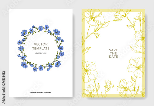Vector Flax botanical flowers. Blue and green engraved ink art. Wedding background card floral decorative border.