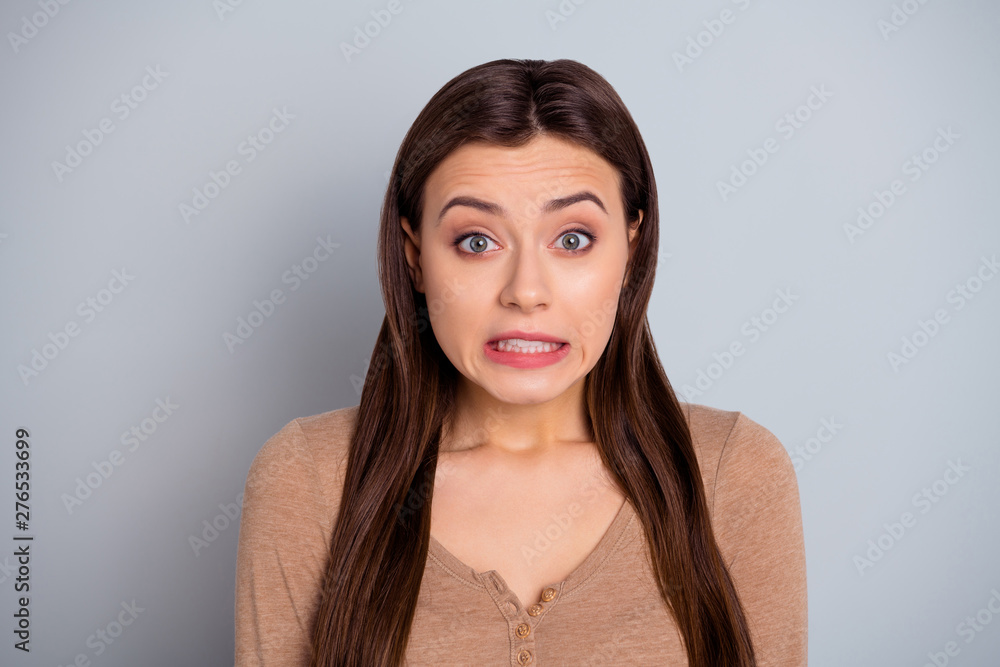 Close up photo beautiful amazing she her lady ideal appearance look eyes full fear made big mistake epic fail ashamed bad situation wear casual pastel brown pullover sweater isolated grey background Close up photo beautiful amazing she her lady ideal appearance look eyes full fear made big mistake epic fail ashamed bad situation wear casual pastel brown pullover sweater isolated grey background
