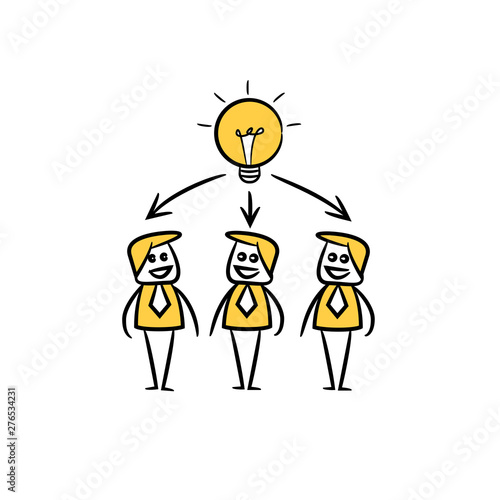 business people team and light bulb in yellow doodle stick figure