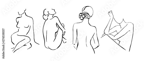 Fototapeta Naklejka Na Ścianę i Meble -   Set simple hand drawn trendy line silhouettes ladies isolated on white background. Modern minimalism art, aesthetic contour. Abstract women's silhouette, minimalist style. 