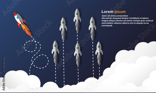 Flying rocket in the space. The graphic of rocket also represents the concept of courage.Think different. Vector EPS 10.