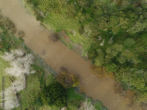 Overhead shot of a muddy river and surrounding vegetation