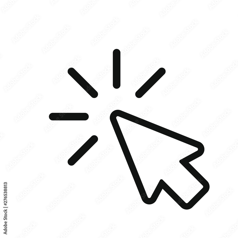 Click icon. Arrow with clicking graphic sign isolated on white background. Cursor symbol for design websites, apps, etc. Vector illustration Click icon. Arrow with clicking graphic sign isolated on white background. Cursor symbol for design websites, apps, etc. Vector illustration